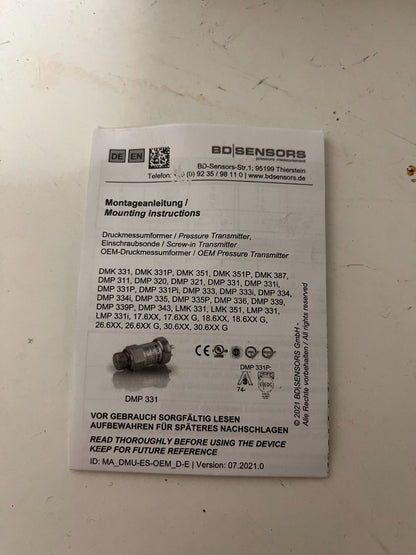 BD Sensors DMK 331 Pressure Transmitter 1...0 Bar 4-20mA 8-32VDC New Open Box