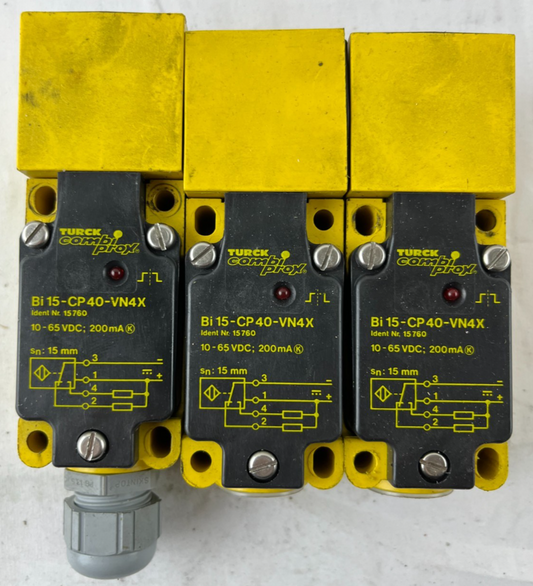 3x Turck Bi 15-CP40-VN4X Proximity Sensor 15mm 10-65VDC Inductive Bundle USED