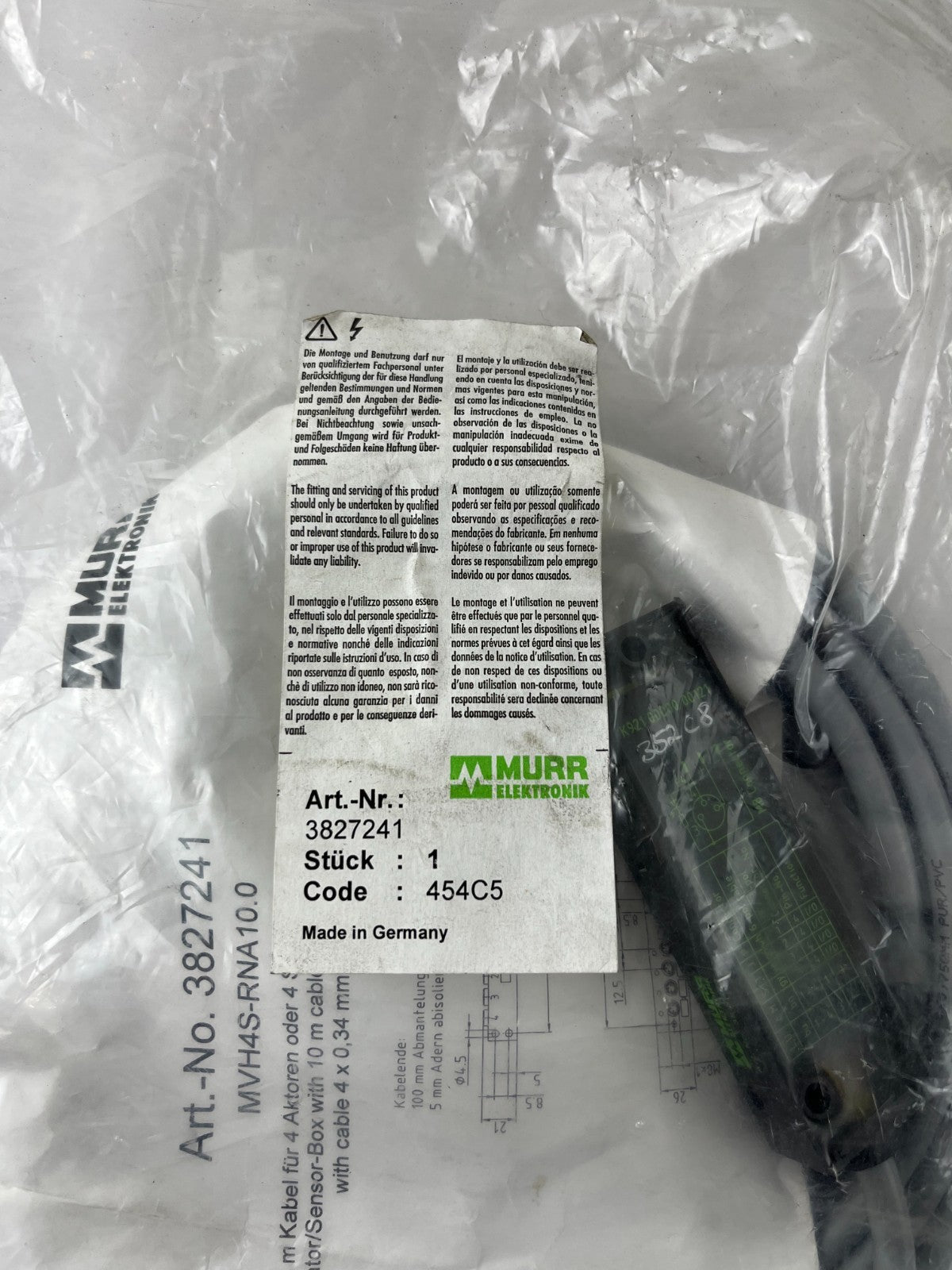 Murr Elektronik 3827241 Passive Distribution Box 4xM8 3-Pole 10m Cable MVH4S-RNA