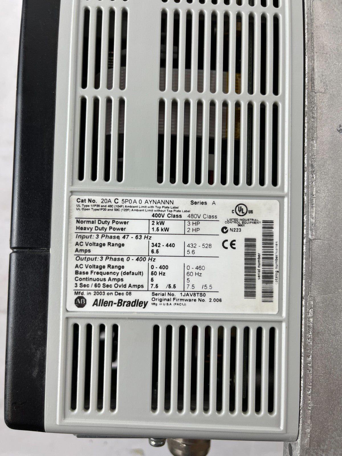 Allen-Bradley PowerFlex 70 20AC5P0A0AYNANNN VFD Drive 2kW 3HP New Unused