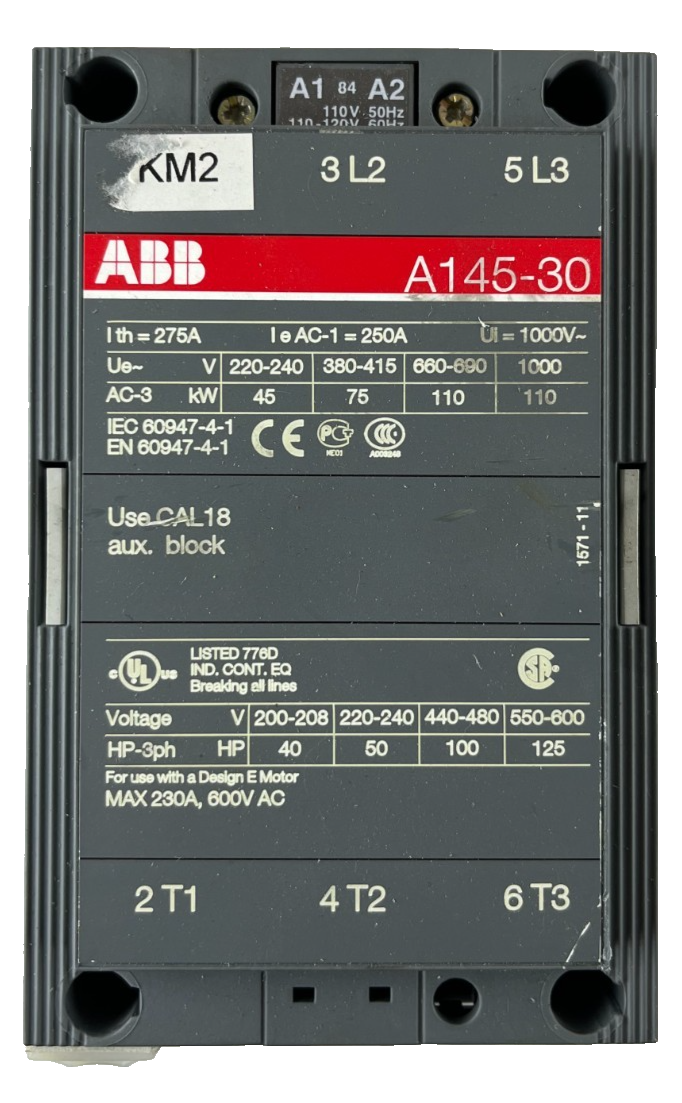 ABB A145-30 Power Contactor 3-Pole 250A AC-1 110–120V Coil With A145 Base Used