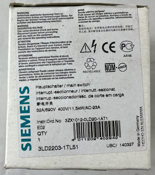 Siemens 3LD2203-1TL51 Main Switch Disconnector 4-Pole 32A 690V 11.5kW New