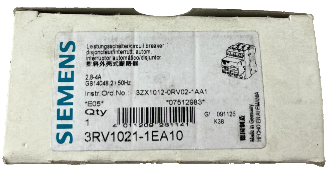 Siemens 3RV1021‑1EA10 SIRIUS Motor Protection Circuit Breaker 2.8–4A Class 10
