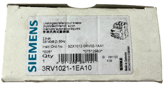 Siemens 3RV1021‑1EA10 SIRIUS Motor Protection Circuit Breaker 2.8–4A Class 10