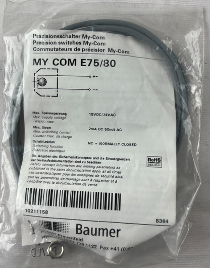 Baumer MY COM E75/80 Precision Switch NEW M6 NC 15VDC/24VAC 0.001mm Sealed