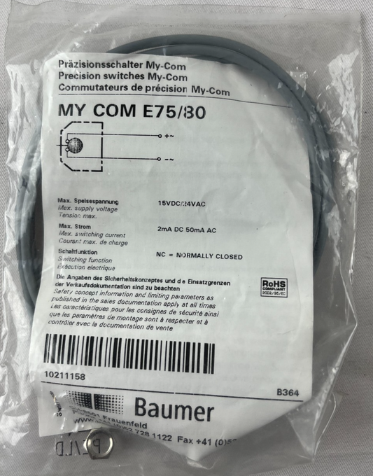 Baumer MY COM E75/80 Precision Switch NEW M6 NC 15VDC/24VAC 0.001mm Sealed