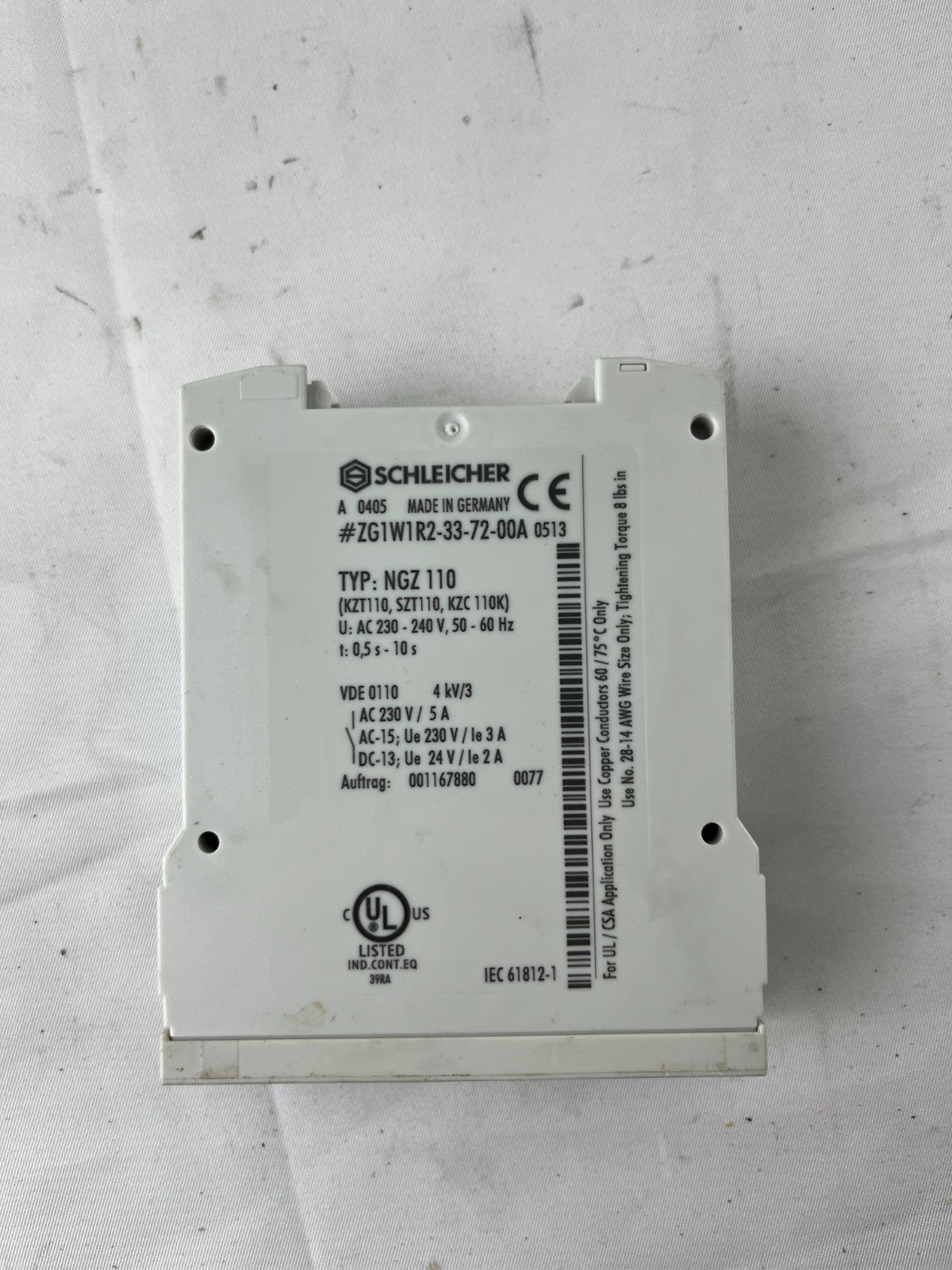 Schleicher NGZ 110 Time Relay 0.5–10s 230–240V AC Off‑Delay DIN Rail Used
