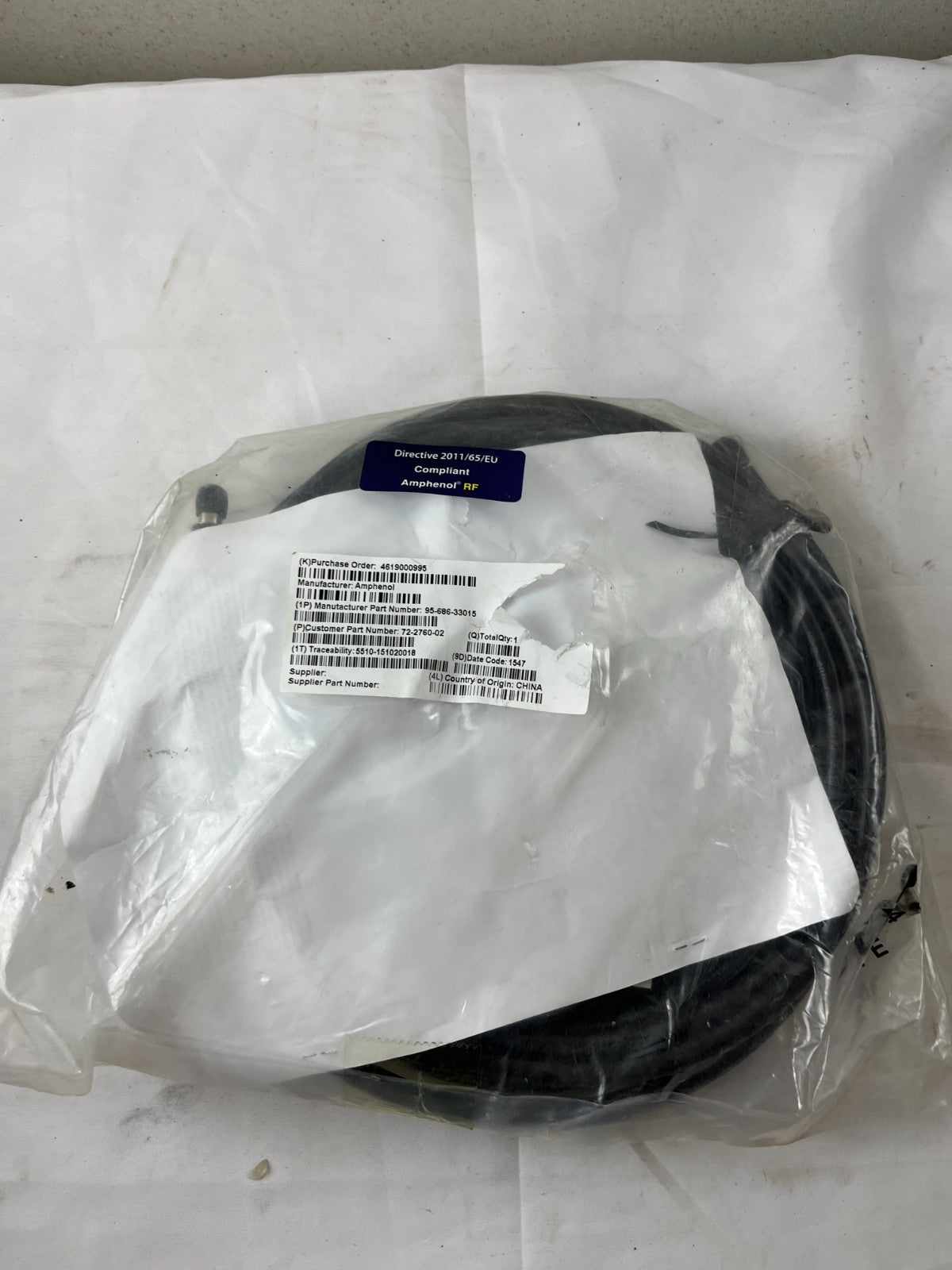 Amphenol RF 95-686-33015 Coaxial Cable Assembly New RoHS Compliant Spare Unit