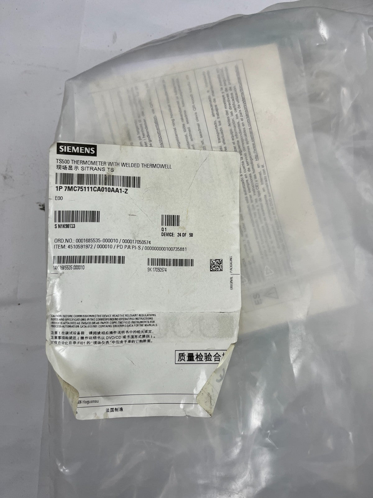 Siemens SITRANS TS500 Thermometer w/ Welded Thermowell 7MC75111CA010AA1-Z, New