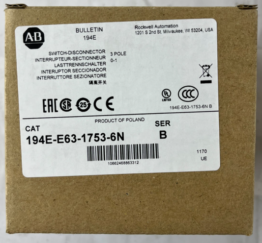 Allen Bradley 194E-E63-1753-6N Load Switch 63A 3-Pole 22kW IP66 Poland NEW
