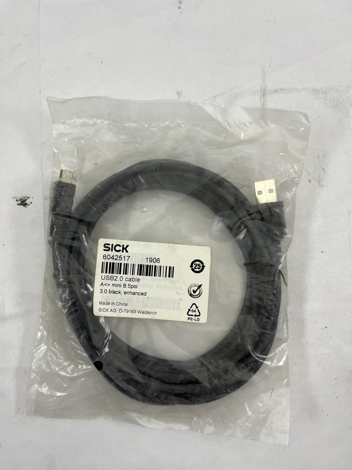 SICK 6042517 USB2.0 Cable A to Mini B 5-Pin 3m Enhanced Black NEW Sealed