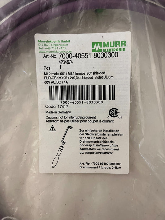 Murrelektronik 7000-40551-8030300 M12 Shielded 5-Pin Cable 3m 90° New Sealed