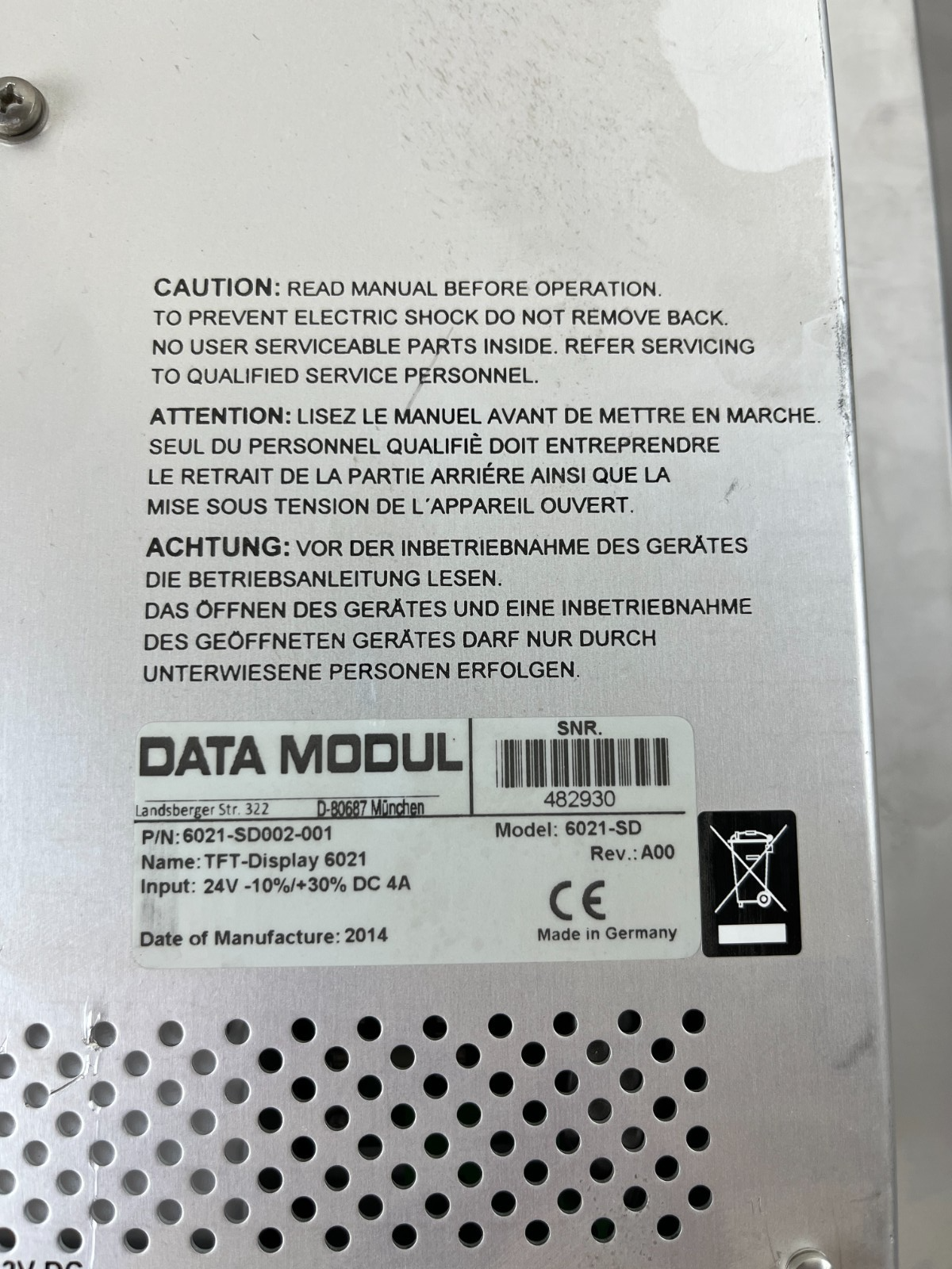 DATA MODUL 17" TFT-Display 6021-SD 24V DC Industrial HMI Monitor Panel Used