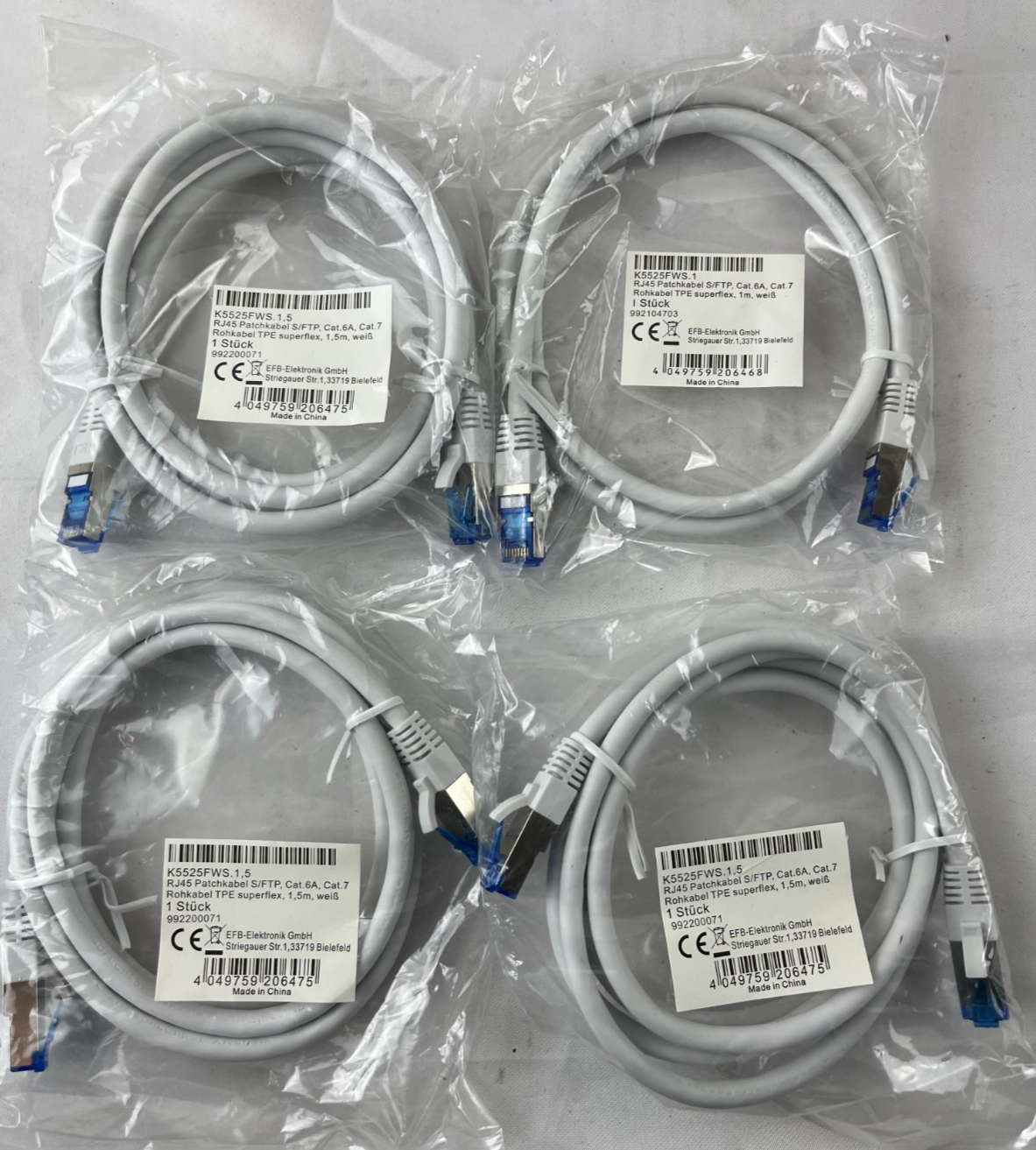 4x EFB K5525FWS NEW Cat.6A S/FTP Patch Cable 1.5m White 10 Gigabit Ethernet