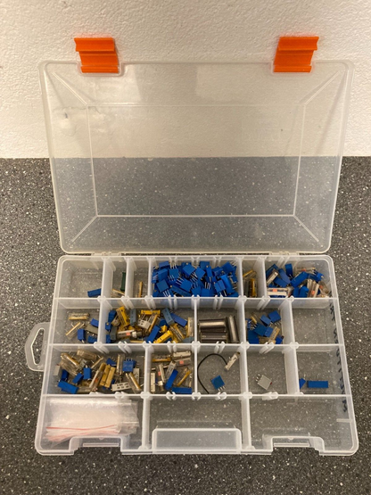Assorted Trimmer Potentiometers and Switches Lot in Clear Plastic Storage Box