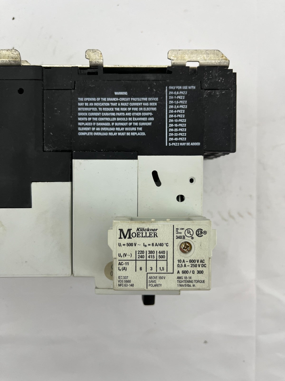 Moeller PKZ2 Motor Protection Breaker ZM-1,6-PKZ2 S-PKZ2 1-1.6A 10A 600VAC Used