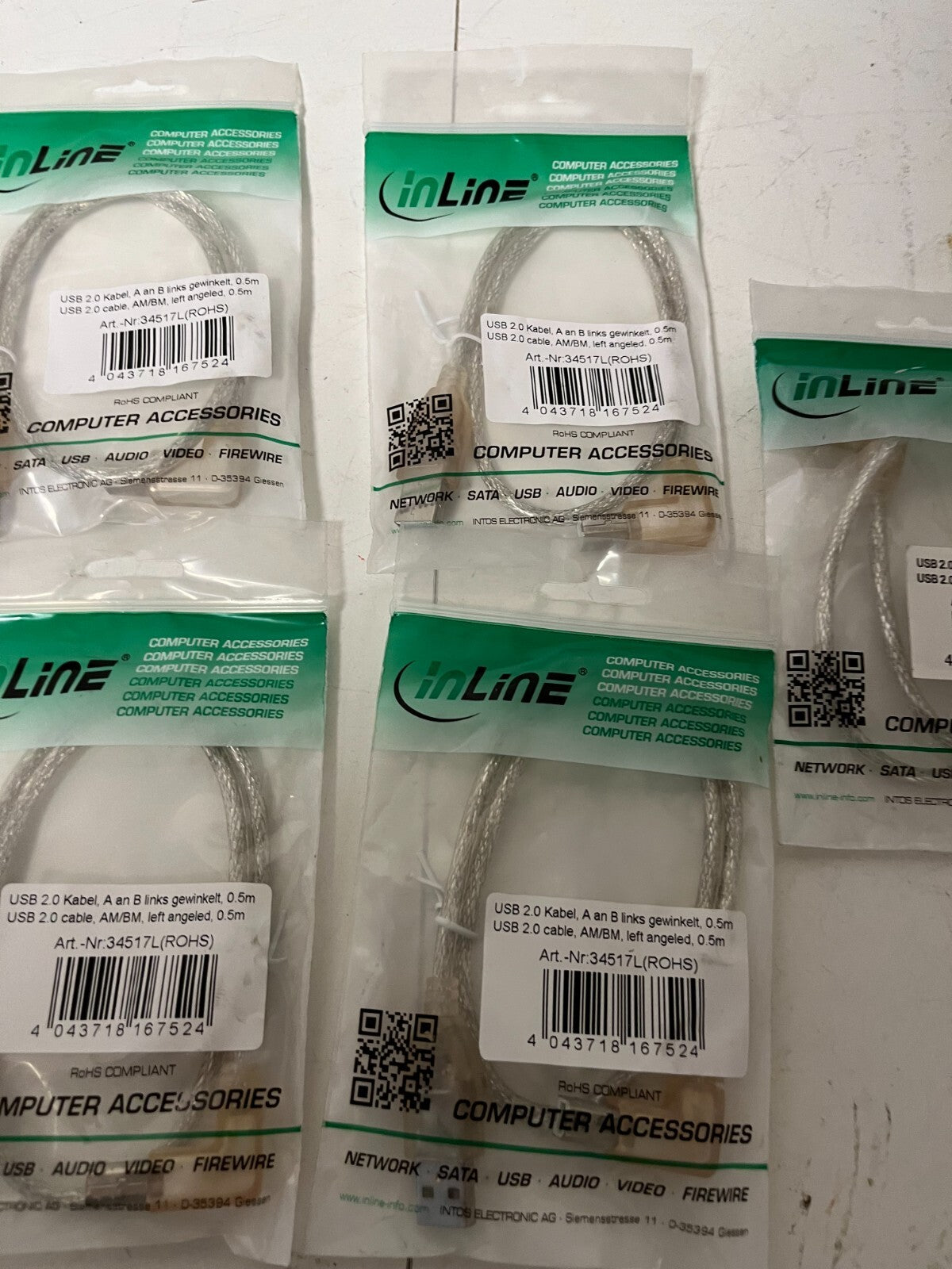 Lot of 7x InLine USB 2.0 AM to BM Angled Cable 0.5m Left/Right New Sealed