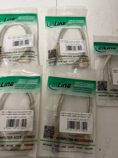 Lot of 7x InLine USB 2.0 AM to BM Angled Cable 0.5m Left/Right New Sealed