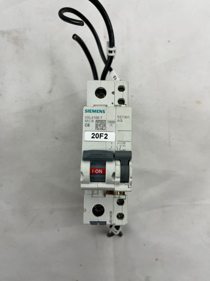 Siemens 5SL4106-7 MCB C6 230/400V + 5ST3010 Auxiliary Circuit Switch, 6A Used