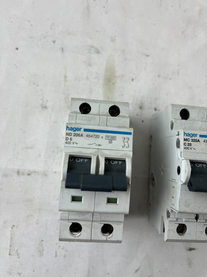 Hager ND206A D6 2P & MC325A C25 3P Circuit Breaker Lot 2pcs 400V Used Spares