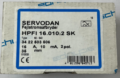 Servodan HPFI 16.010.2 SK 16A 10mA RCD Residual Current Device New Spare Unit