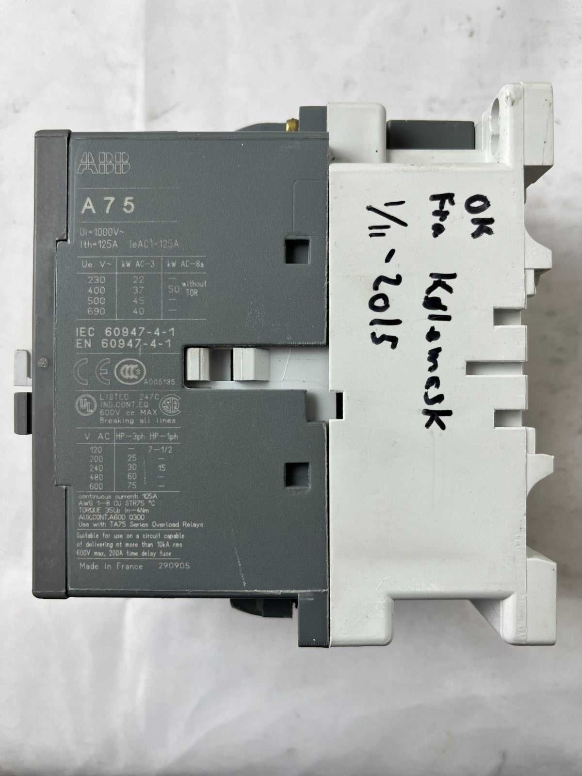 ABB A75-30 Contactor 3P 125A IEC 690V Industrial Motor Starter Used Spare Unit
