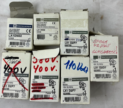 Telemecanique Contactors Coils Auxiliary Contacts Lot LA1DN02 LX1D2F7 NOS