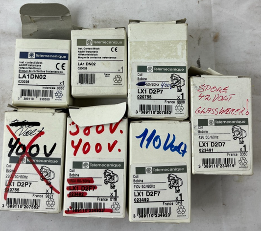 Telemecanique Contactors Coils Auxiliary Contacts Lot LA1DN02 LX1D2F7 NOS