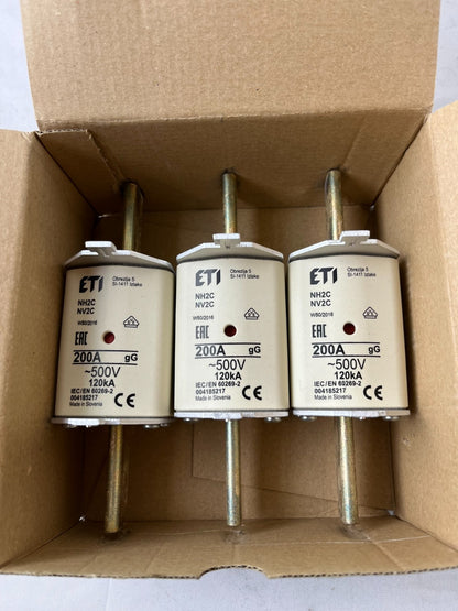 ETI NH2C NV2C 200A 500V NH Fuse gG 120kA IEC 60269 Lot of 3 NEW Units