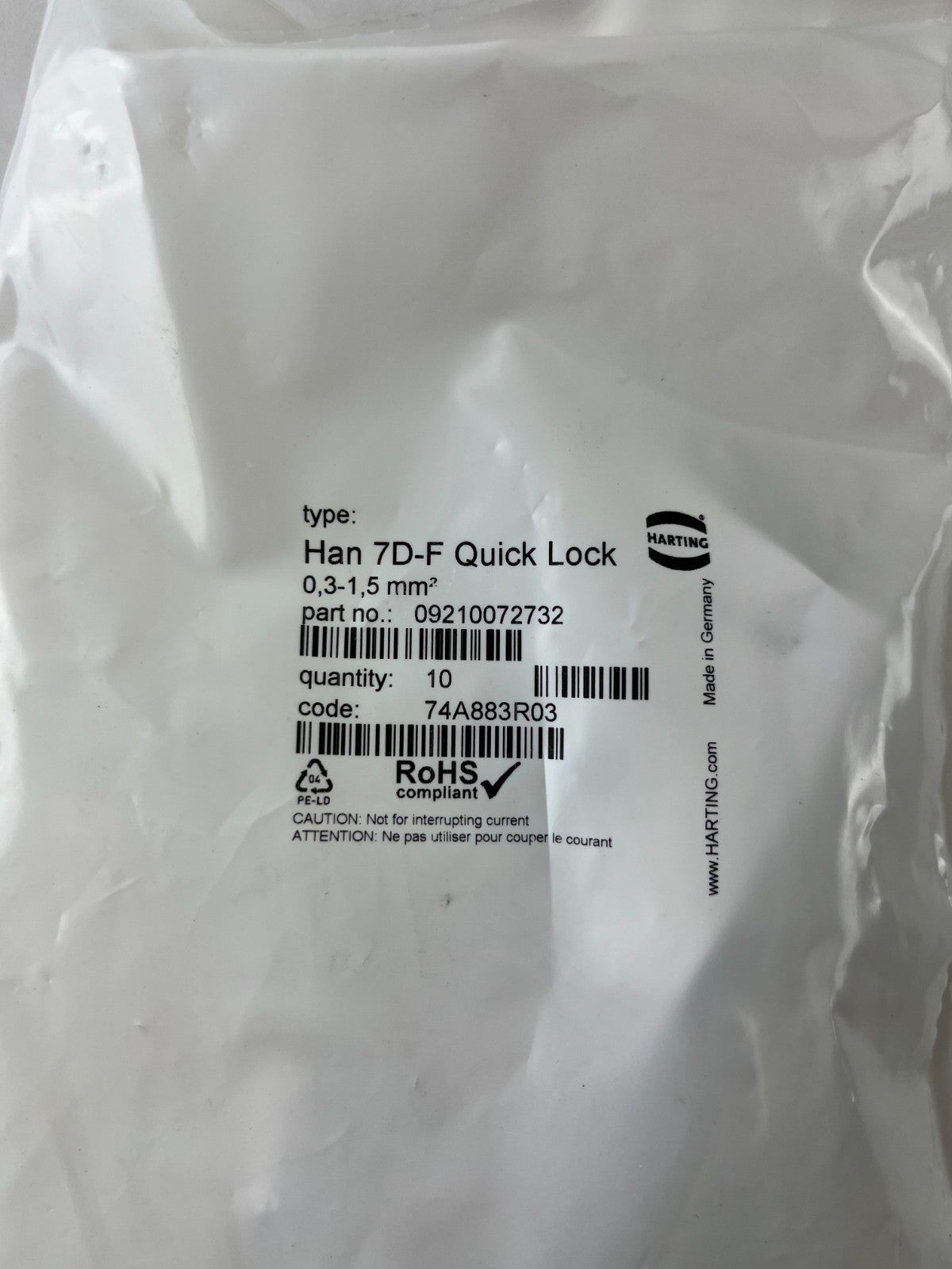 Harting Han 7D-F Quick Lock 09210072732 Female Insert 7+PE 10A 250V New 10x
