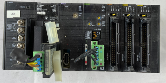 Omron CJ1M-CPU13 PLC System w/ PA202 PSU, NCF71, DRM21, ID232 & (2x) OD232 I/O