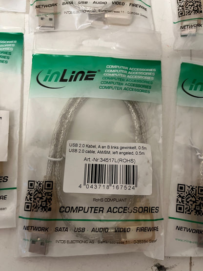 Lot of 7x InLine USB 2.0 AM to BM Angled Cable 0.5m Left/Right New Sealed