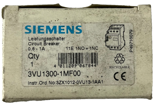 Siemens 3VU1300‑1MF00 Motor Protection Circuit Breaker 0.6–1A 3‑Pole 1NO+1NC New