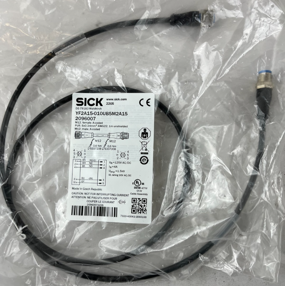 SICK YF2A15-010UB5M2A15 M12 Sensor Cable 1m 5-Pin A-Coded PUR AWG22 Germany NEW