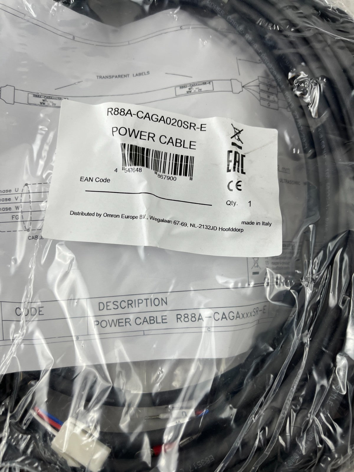 Omron R88A-CAGA020SR-E Servo Motor Power Cable 20 m New Sealed Unused