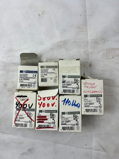 Telemecanique Contactors Coils Auxiliary Contacts Lot LA1DN02 LX1D2F7 NOS