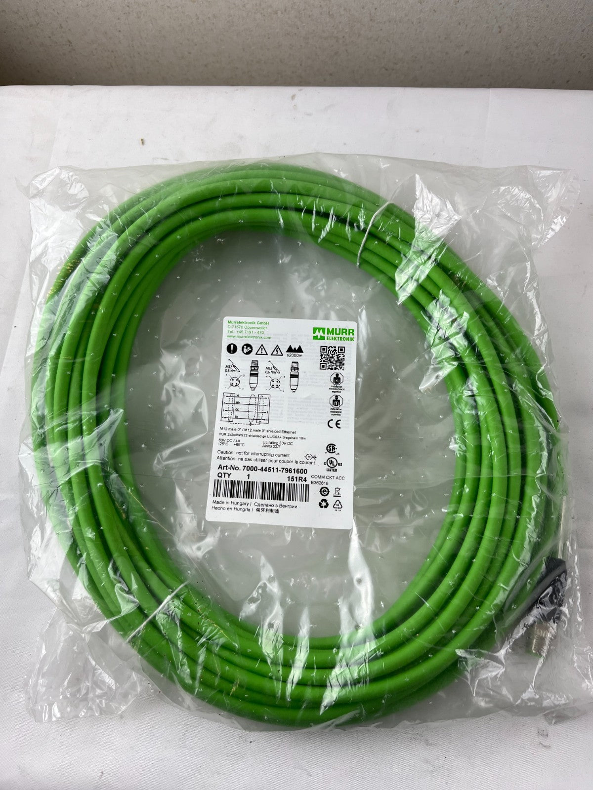 Murr 7000-44511-7961600 M12 Ethernet Cable 16m Shielded Dragchain UL CSA NEW
