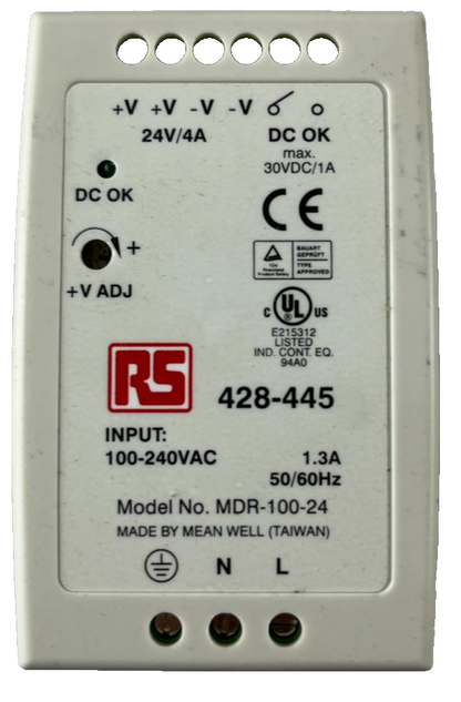 RS 428-445 Mean Well MDR-100-24 DIN Rail Power Supply 24VDC 4A Used Spare