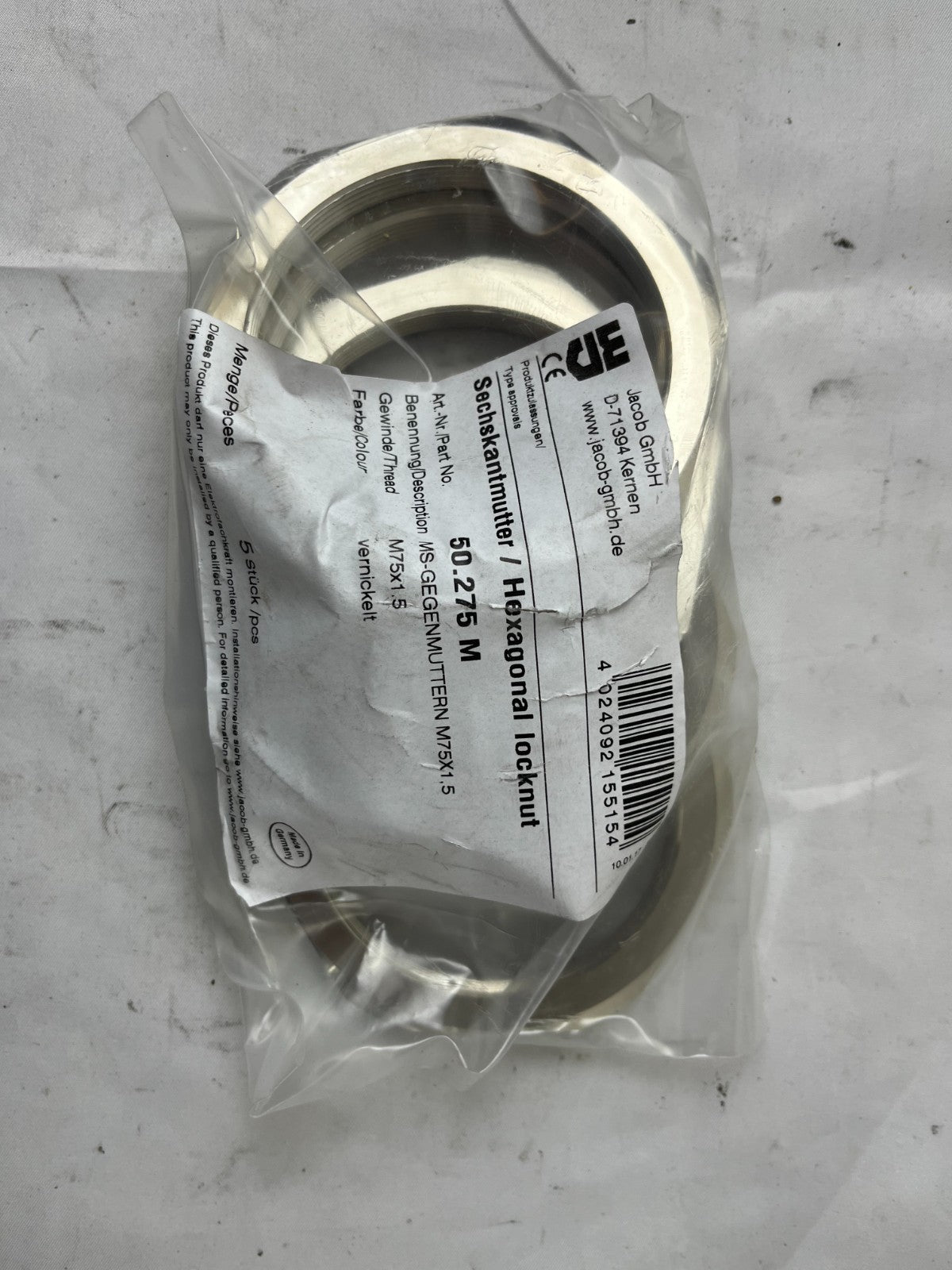 Jacob 50.275 M Hexagonal Locknut M75x1.5 Nickel Plated 5pcs New