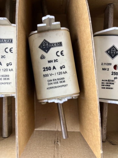 BAMAT NH2C 250A 500V gG NH Fuse Links DIN EN60269 120kA Lot of 3 NEW Spares