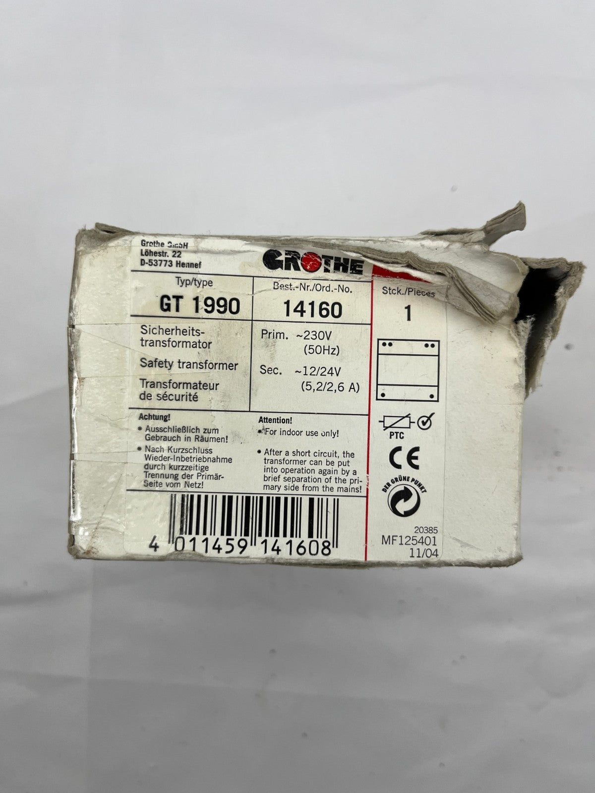 Grothe GT 1990 Safety Transformer 12/24V 5.2/2.6A Model 14160 New Open Box