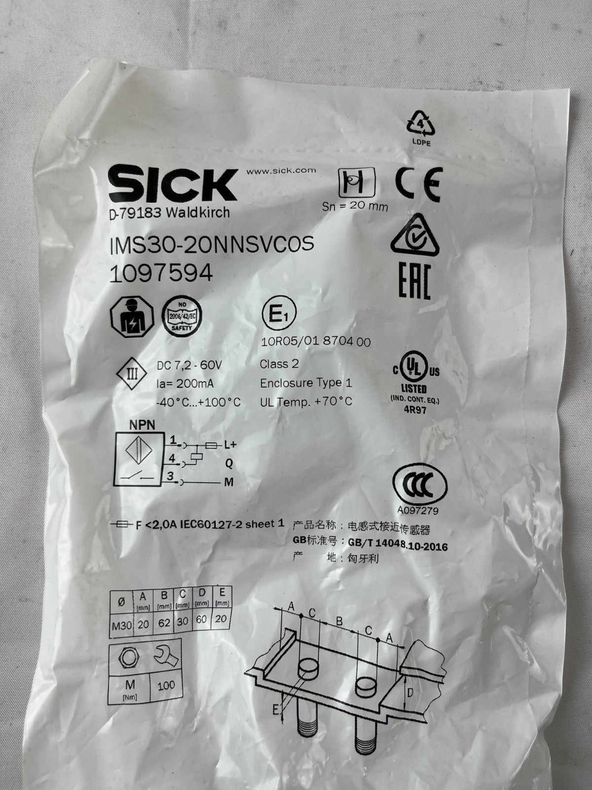Sick IMS30-20NNSVC0S 1097594 Proximity Sensor M30 20mm NPN New Sealed Hungary