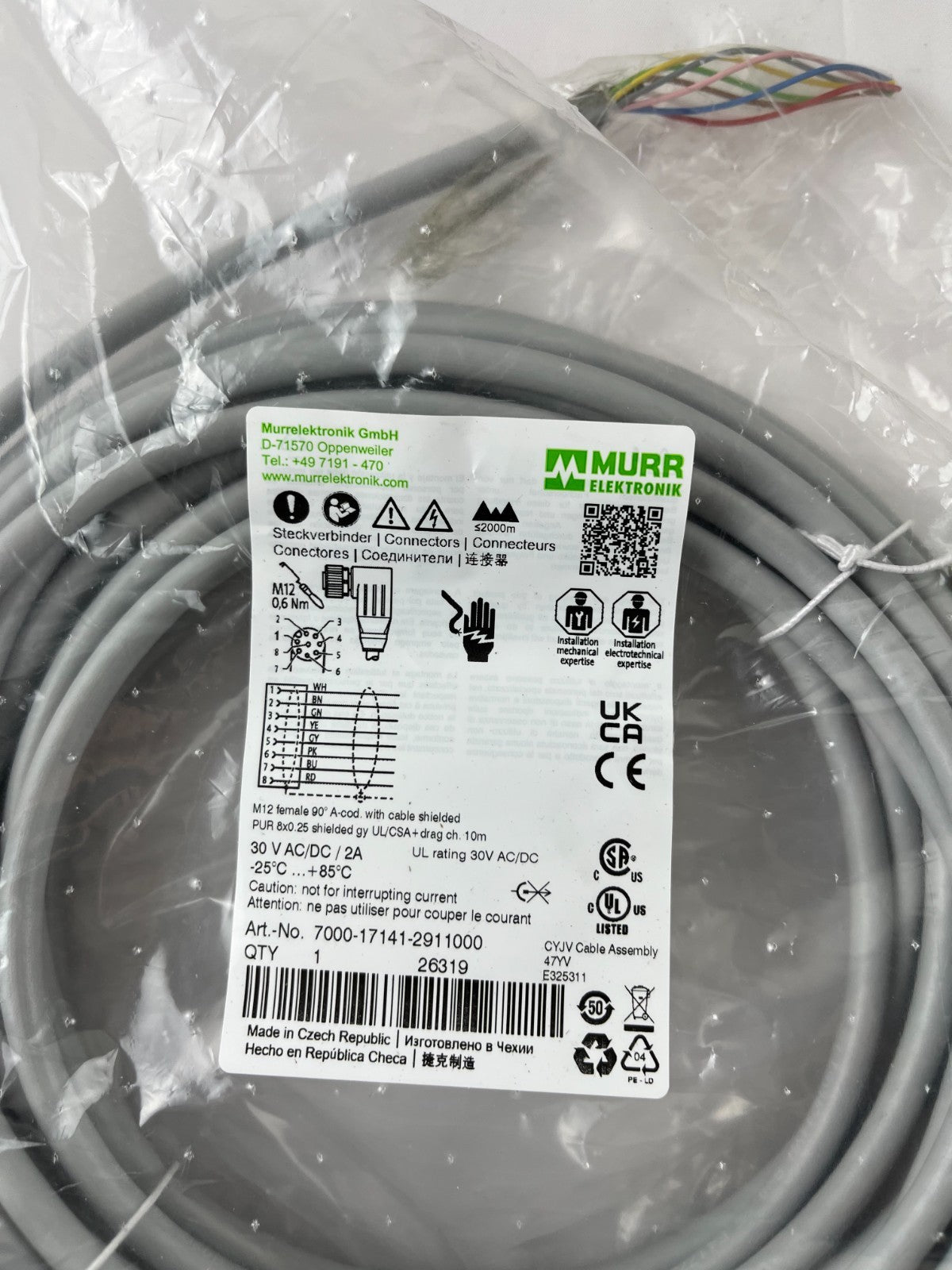 Murr Elektronik 7000-17141-2911000 M12 8-Pin Female 90° Shielded Cable 10m PUR
