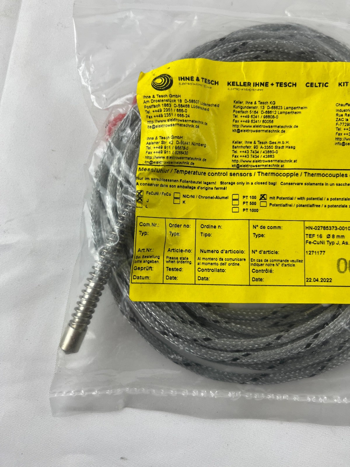 Ihne & Tesch TEF 16 Thermocouple Sensor 8 mm Bayonet, Type J Fe-CuNi, 5 m Cable
