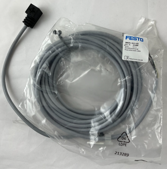 Festo KMEB-1-24-5-LED Solenoid Valve Connector Socket 24V DC 5m Cable w/ LED NEW