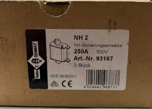 NH2 250A 500V gG Fuse Link Lot of 3x Bamat NH Fuse DIN 43620 NEW Units