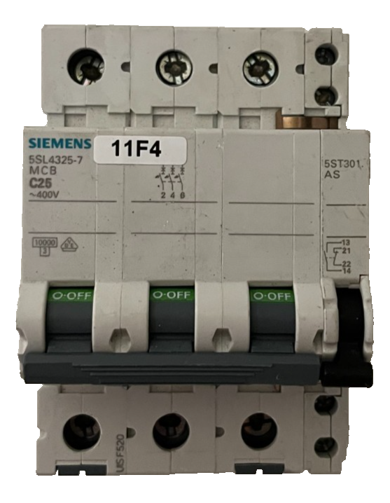 Siemens 5SL4325-7 C25 3-Pole MCB 25A 400V w/ 5ST3010 Aux Switch Used Spare Unit