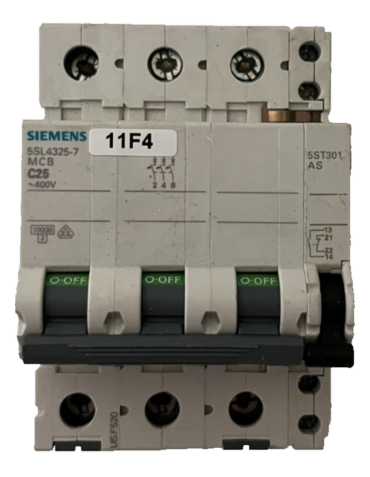 Siemens 5SL4325-7 C25 3-Pole MCB 25A 400V w/ 5ST3010 Aux Switch Used Spare Unit