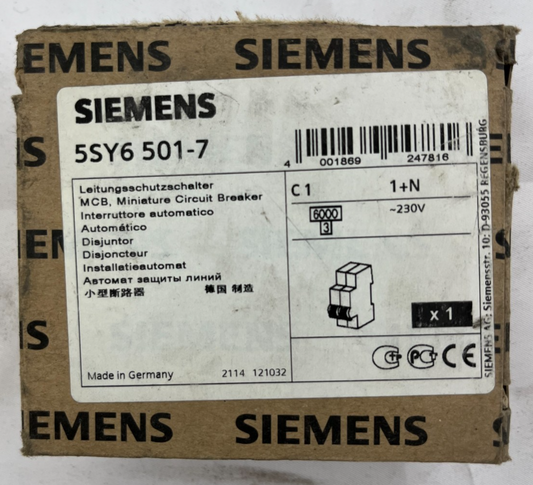 Siemens 5SY6 501-7 MCB Miniature Circuit Breaker 1+N C1 230V New Unused Germany
