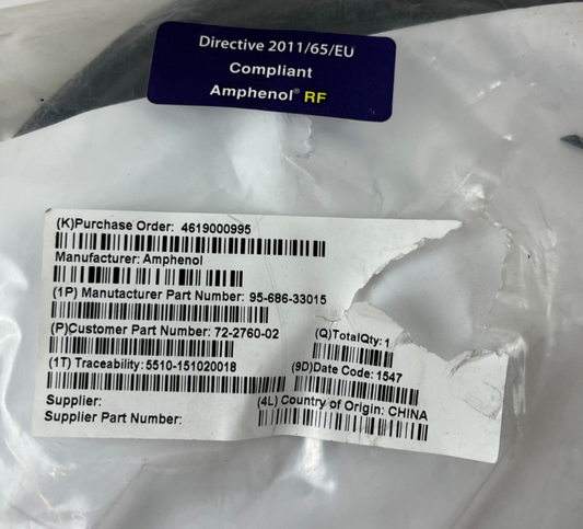 Amphenol RF 95-686-33015 Coaxial Cable Assembly New RoHS Compliant Spare Unit
